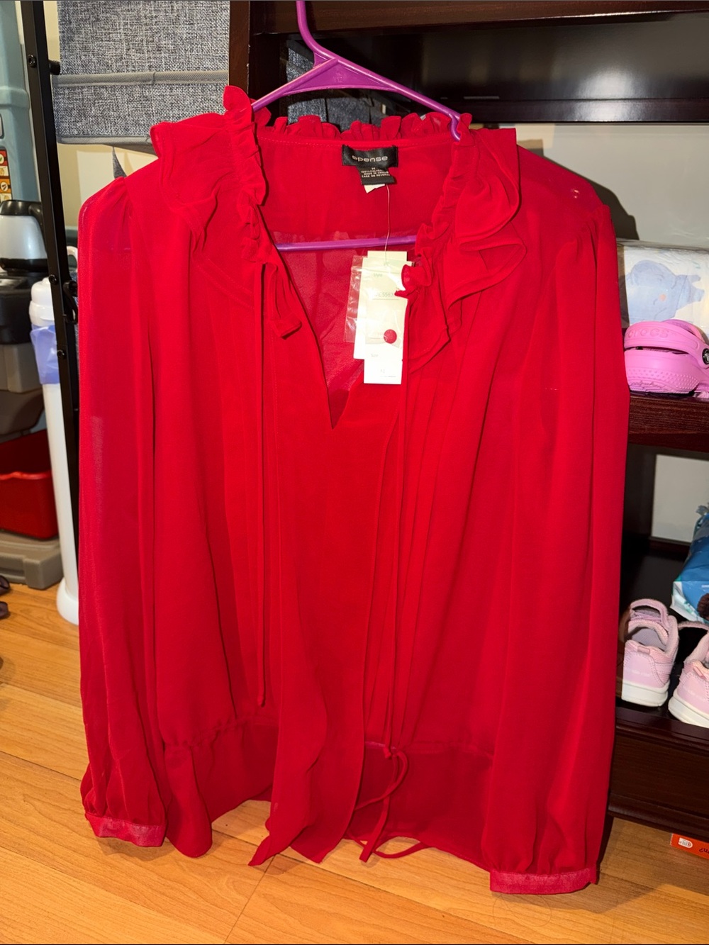 SPENSE Red Ruffle Tie-Neck Blouse